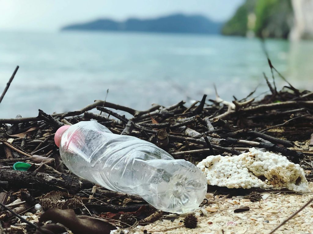 A plastic bottle sitting on top of a pile of debris